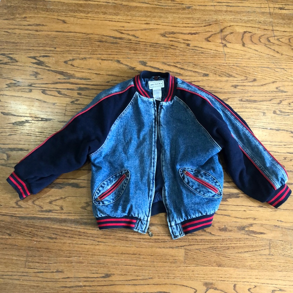 The original Arizona jean company jean bomber jacket with navy blue sleeves